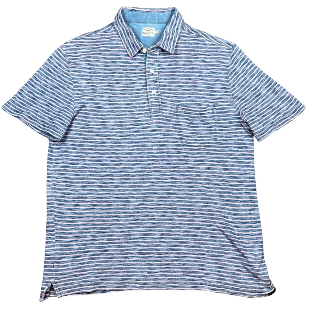 Faherty Knit Polo Shirt Mens Large Blue Pink Stripe Pocket Coastal Beach Resort